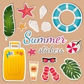 Summer stickers with travel bag, flip-flops, sunglasses, sunscreen, swimming circle, starfish, shells and tropical leaves.